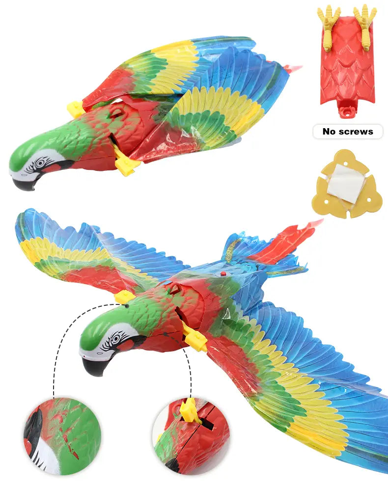 vibrant multicolored plastic interactive flying bird cat toy shaped like an eagle with red green blue and yellow feathers hanging for pet play