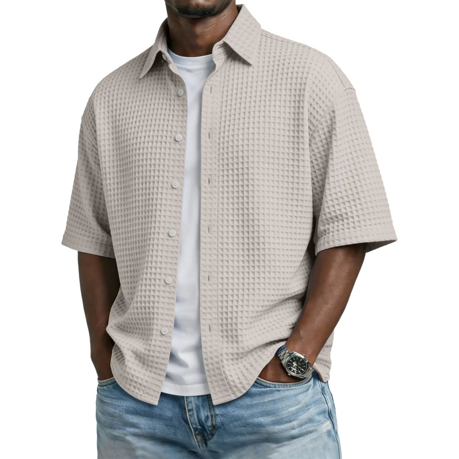 Beige waffle knit short sleeve polo shirt for men featuring a button up front and breathable fabric.