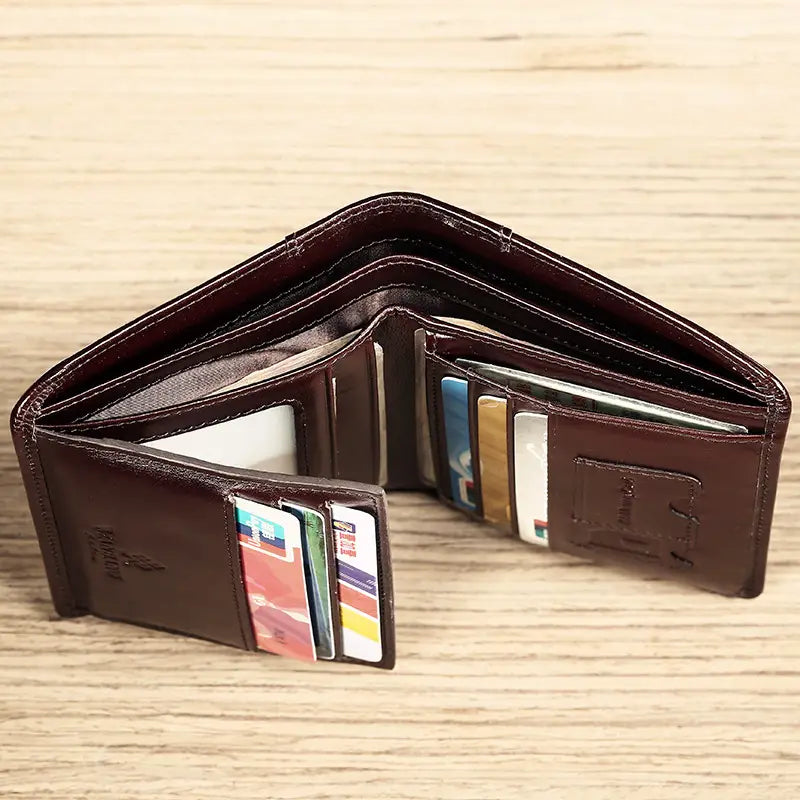 Men’s brown leather bifold wallet with multiple card slots and a visible brand logo on the exterior.