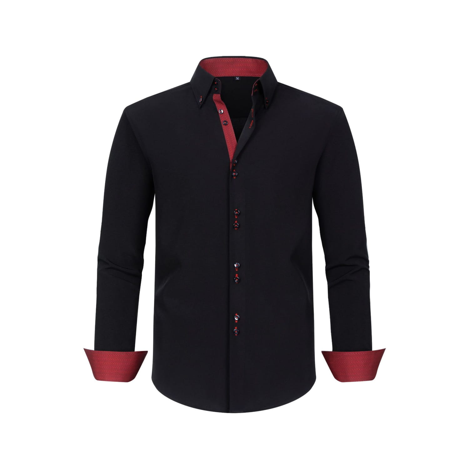 Chemise habillée stretch à empiècements contrastés noire pour homme, avec une doublure intérieure rouge et des touches assorties au niveau des poignets.