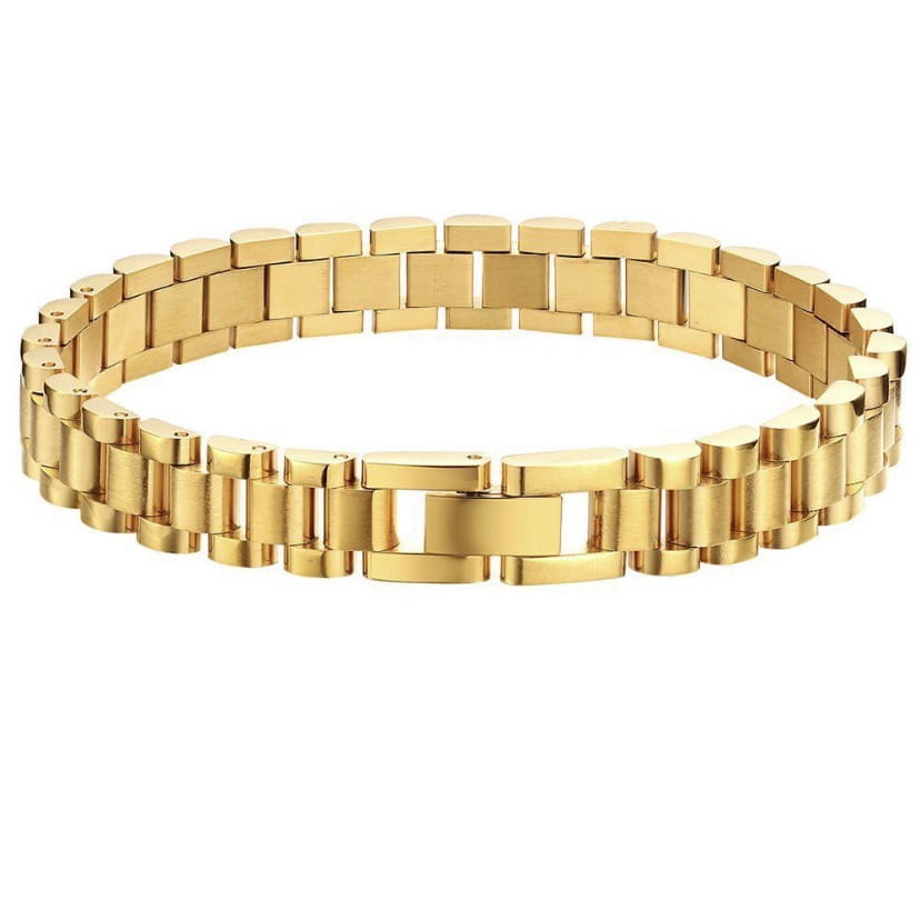 Elegant gold titanium link bracelet featuring a gold-toned stainless steel classic link design with pearl accents.