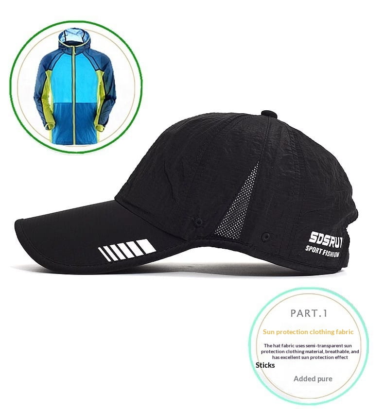 Black quick-drying running hat with white reflective stripes on the brim, mesh panel on the side, and sdsryi sport fashion branding designed for sports sun protection.