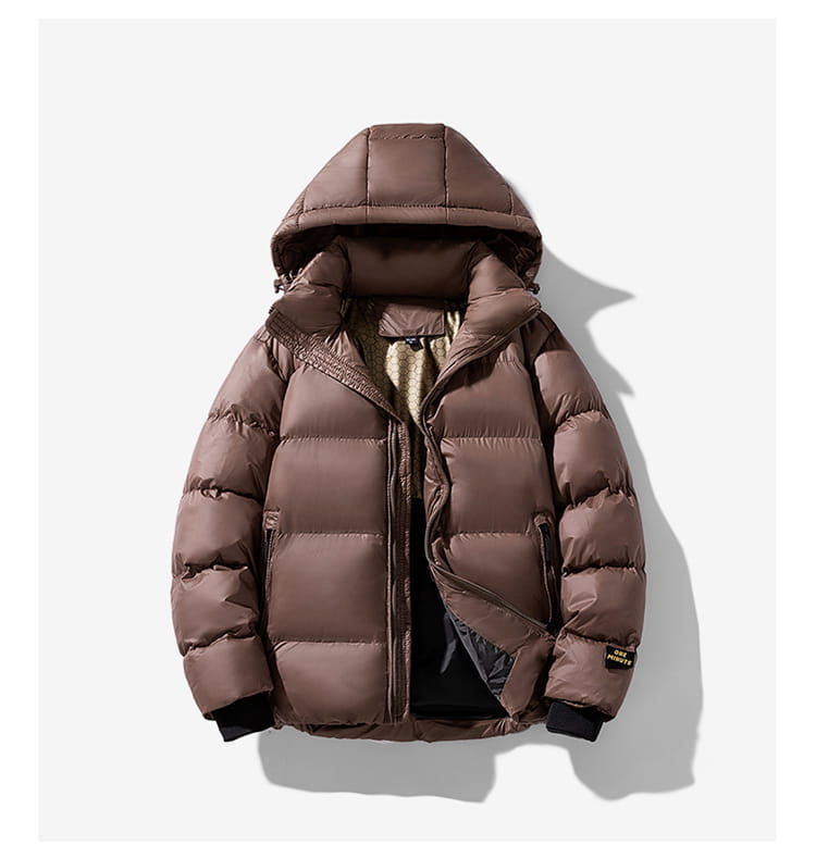 men’s hooded corduroy brown puffer jacket plus size with quilted design and black trim on cuffs