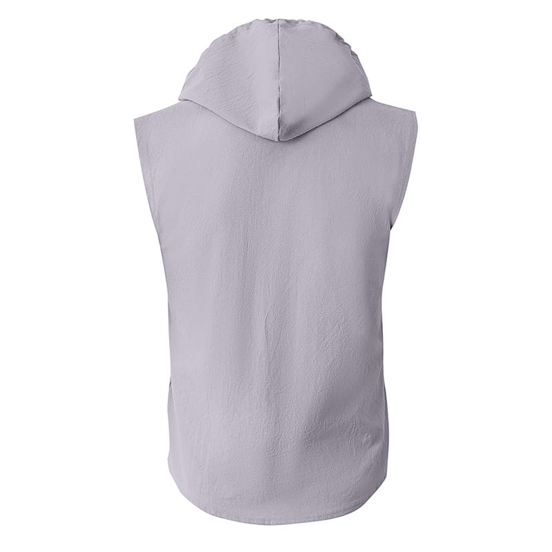 Light gray men’s linen blend sleeveless hooded button up shirt with a hood and subtle texture.