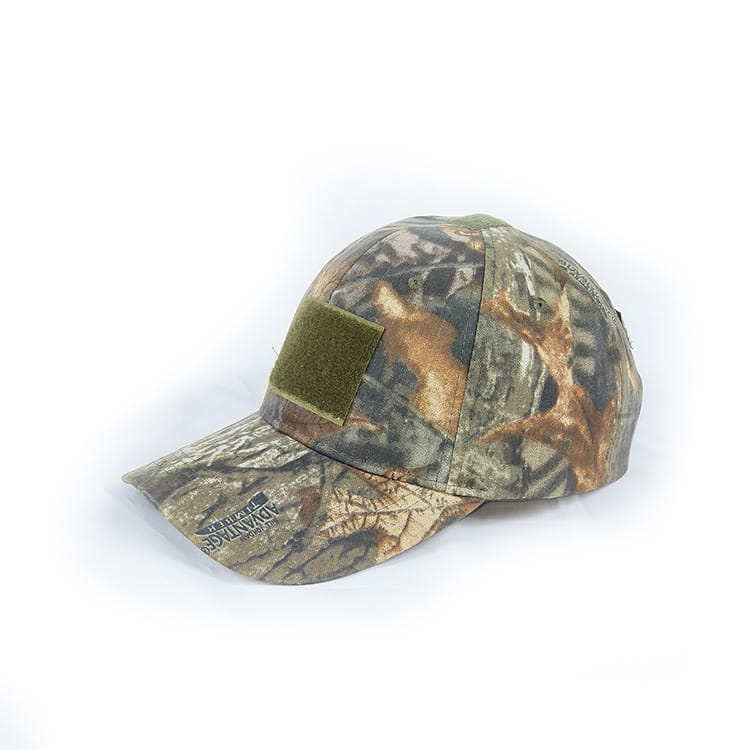 Tactical camouflage mens baseball cap featuring a green tactical patch and advantage branding on the brim designed as a military sun hat.