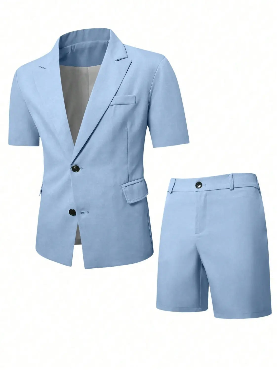 Light blue short sleeve blazer and matching shorts set made from lightweight fabric ideal for casual and semi-formal wear.