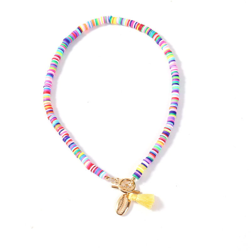 A colorful beaded bohemian rainbow choker with a gold-toned clasp and shell-shaped pendant featuring a yellow tassel charm.