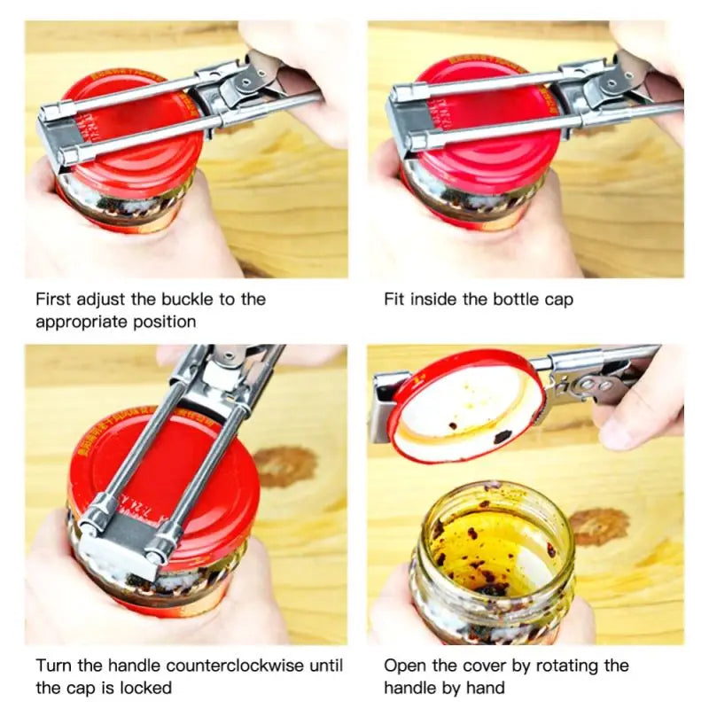 Silver stainless steel adjustable jar and bottle opener with lever mechanism designed for opening sealed jar lids.