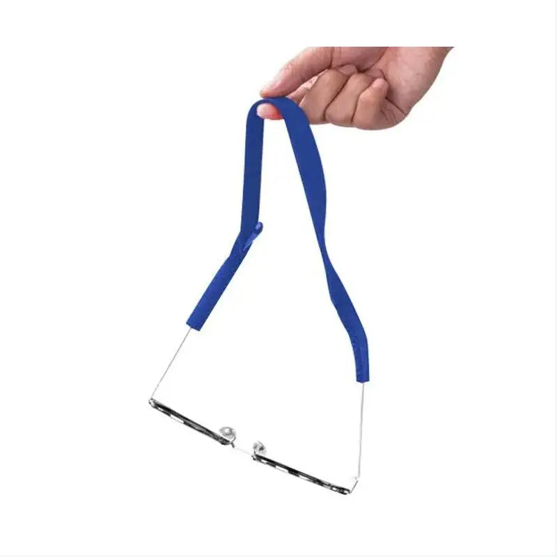 blue fabric adjustable sports strap attached to a pair of silver-framed glasses in a 4-pack sports sunglasses straps and eyewear lanyards set