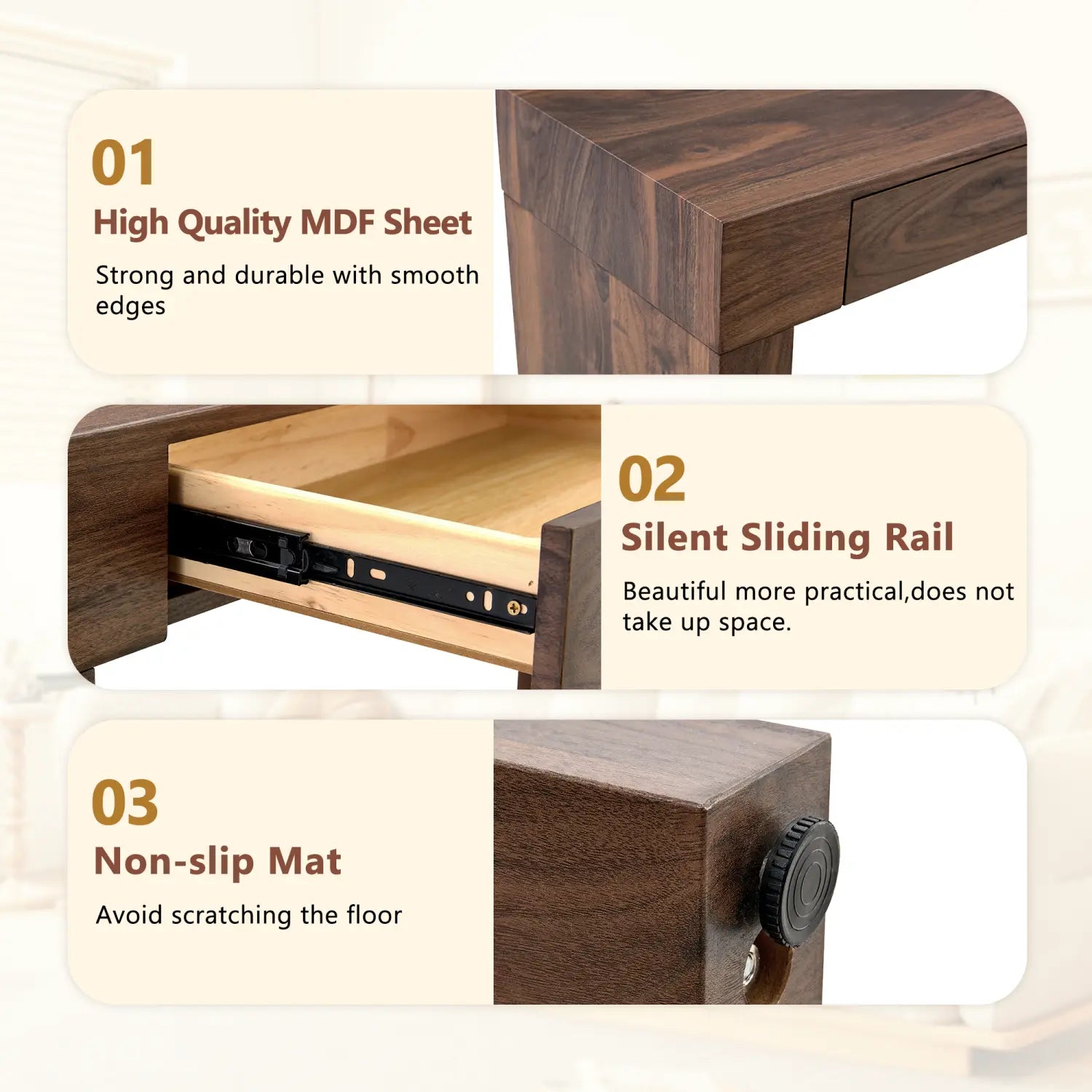 Walnut wood bar table with double drawers 50 inch featuring a dark brown wooden desk with smooth edges, silent sliding drawer rails, and a non-slip mat.