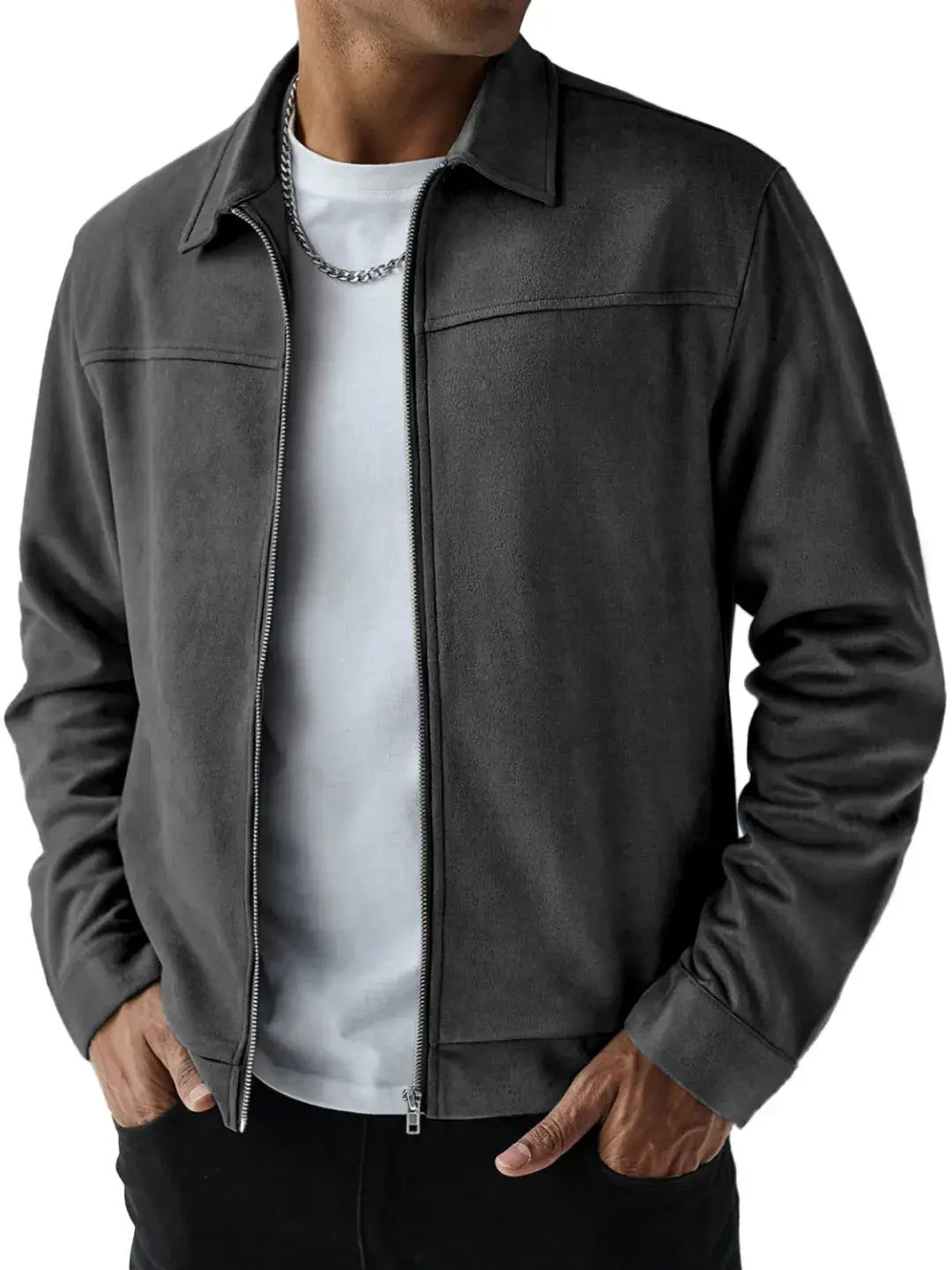 Dark gray suede bomber jacket for men featuring a front zipper and collar.