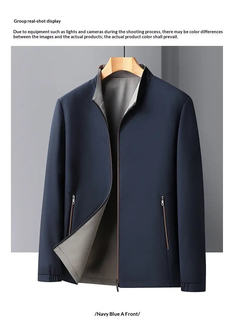 men casual business stand collar jacket navy blue bomber jacket with contrasting gray inner lining and zipper accents