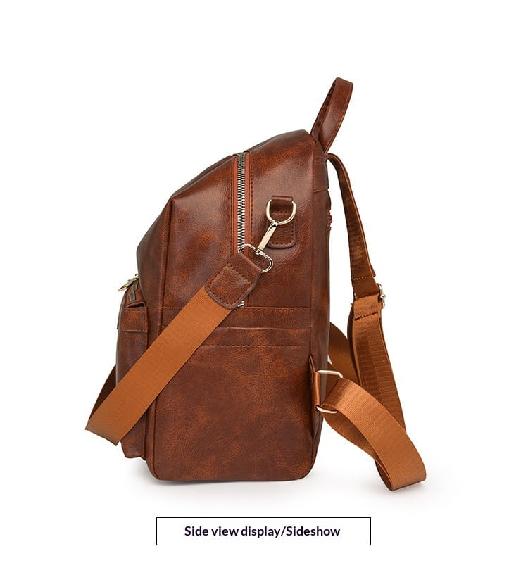 Brown faux leather women’s large capacity commuter backpack with adjustable straps and a front zipper pocket.