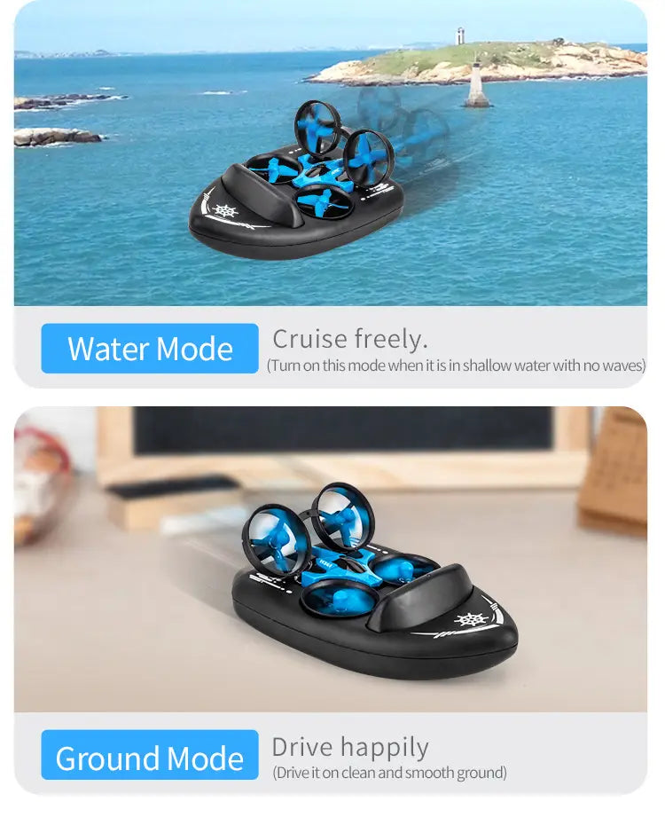 Dron cuadricóptero de color negro y azul, con un cuerpo elegante con forma de barco, diseñado para operar en tierra, agua y aire desde el lado trasero.