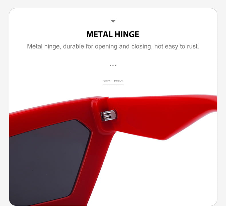 Modern irregular cat eye uv400 geometric sunglasses with a red plastic frame and silver metal hinge.