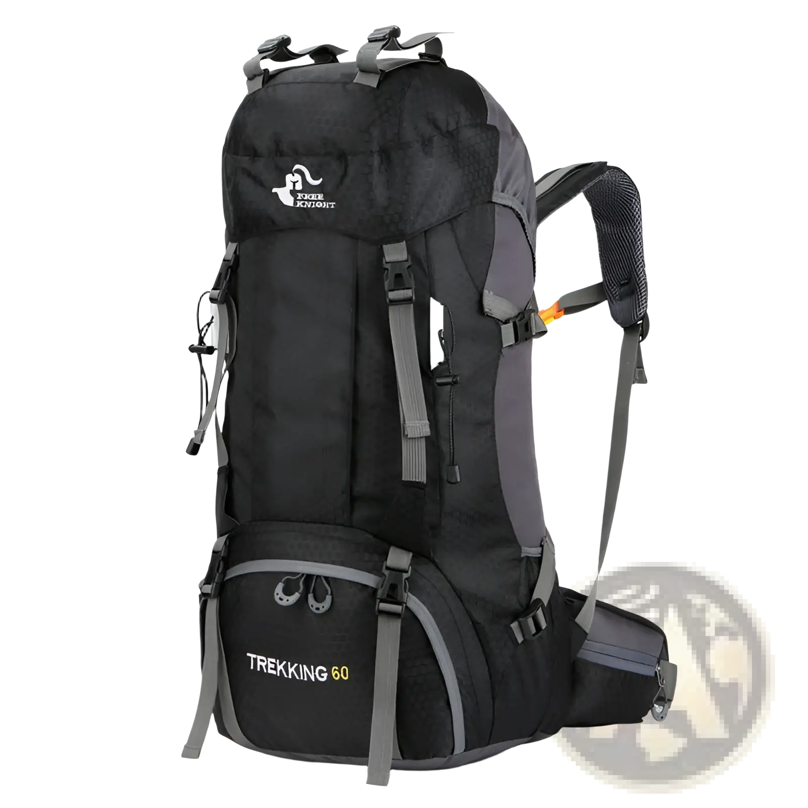 Black and gray 60l hiking backpack with durable fabric, adjustable straps, and multiple compartments for trekking