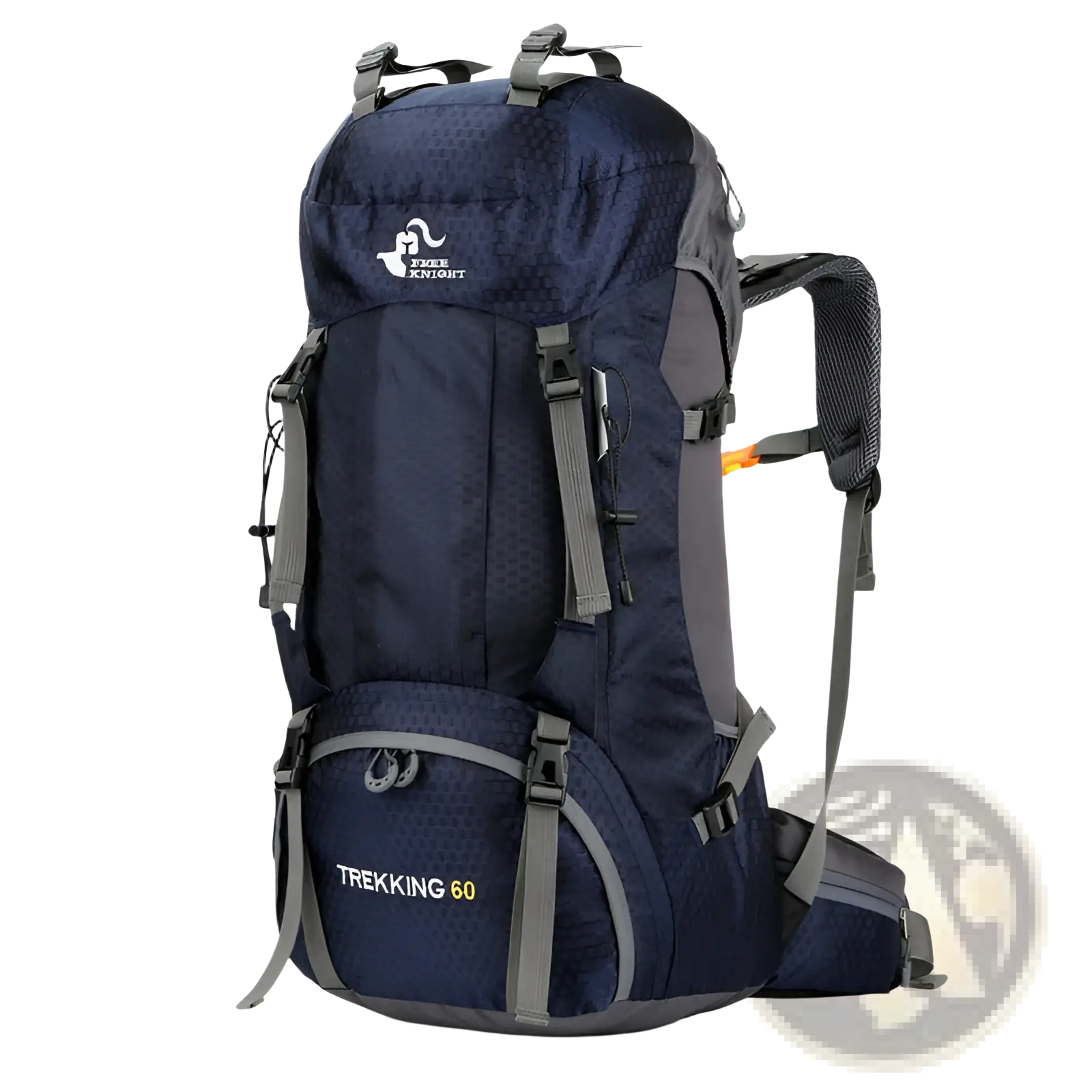 Dark navy blue and gray free knight 60l hiking backpack with textured fabric finish for durable trekking and mountaineering