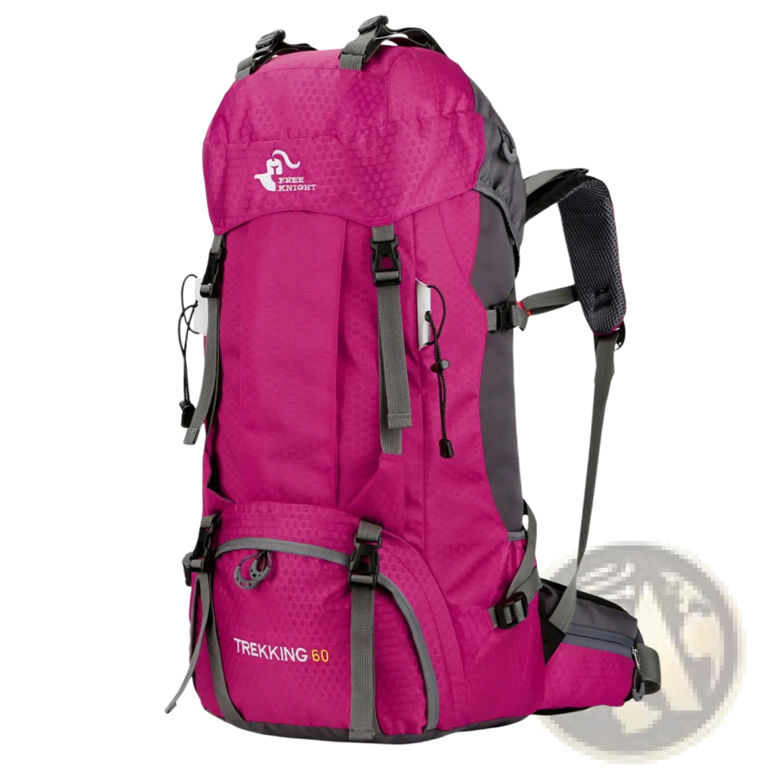 A vibrant magenta and gray 60l hiking backpack with textured fabric, reinforced straps, and multiple compartments for trekking