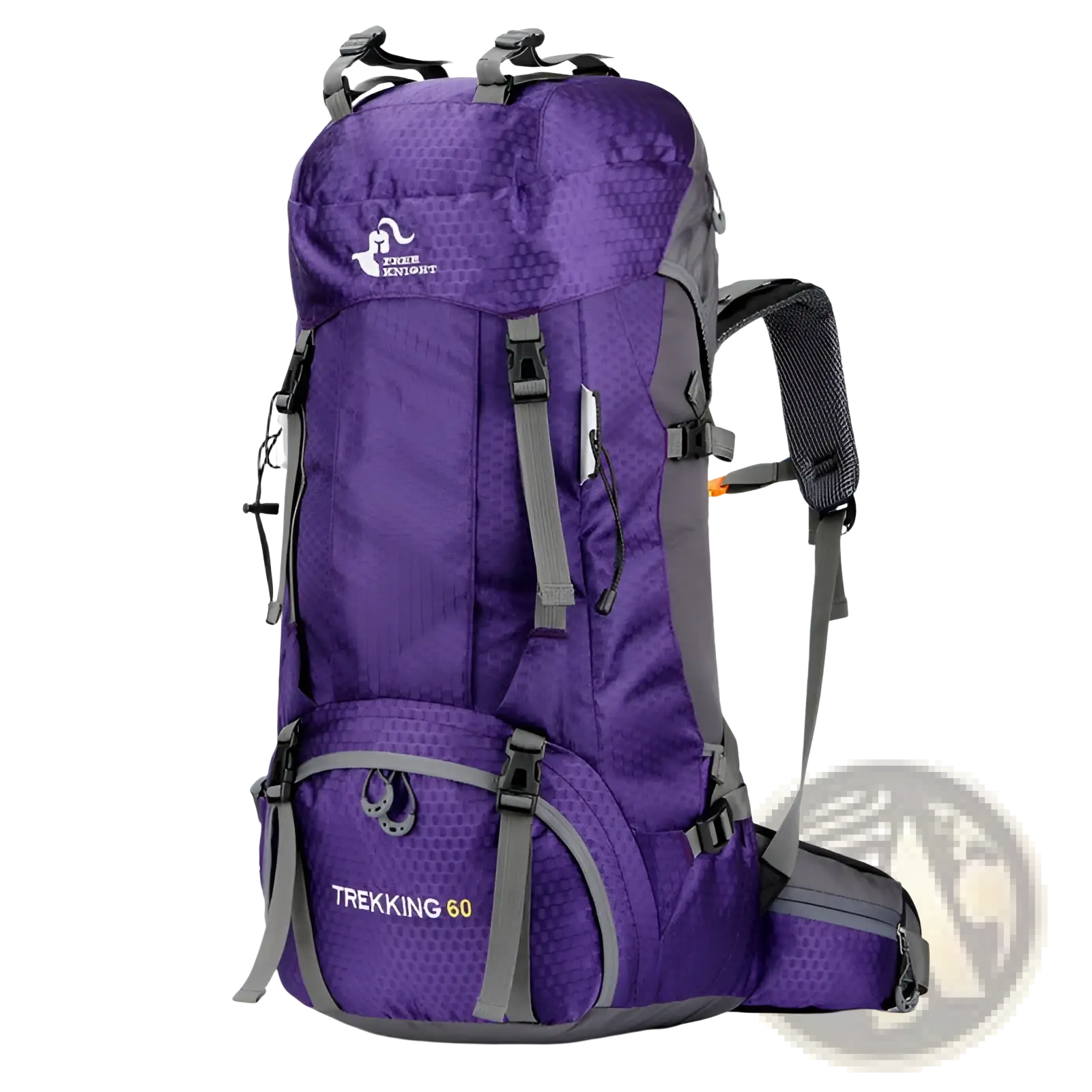 Purple and gray 60l hiking backpack with textured fabric finish designed for durable trekking and mountaineering use