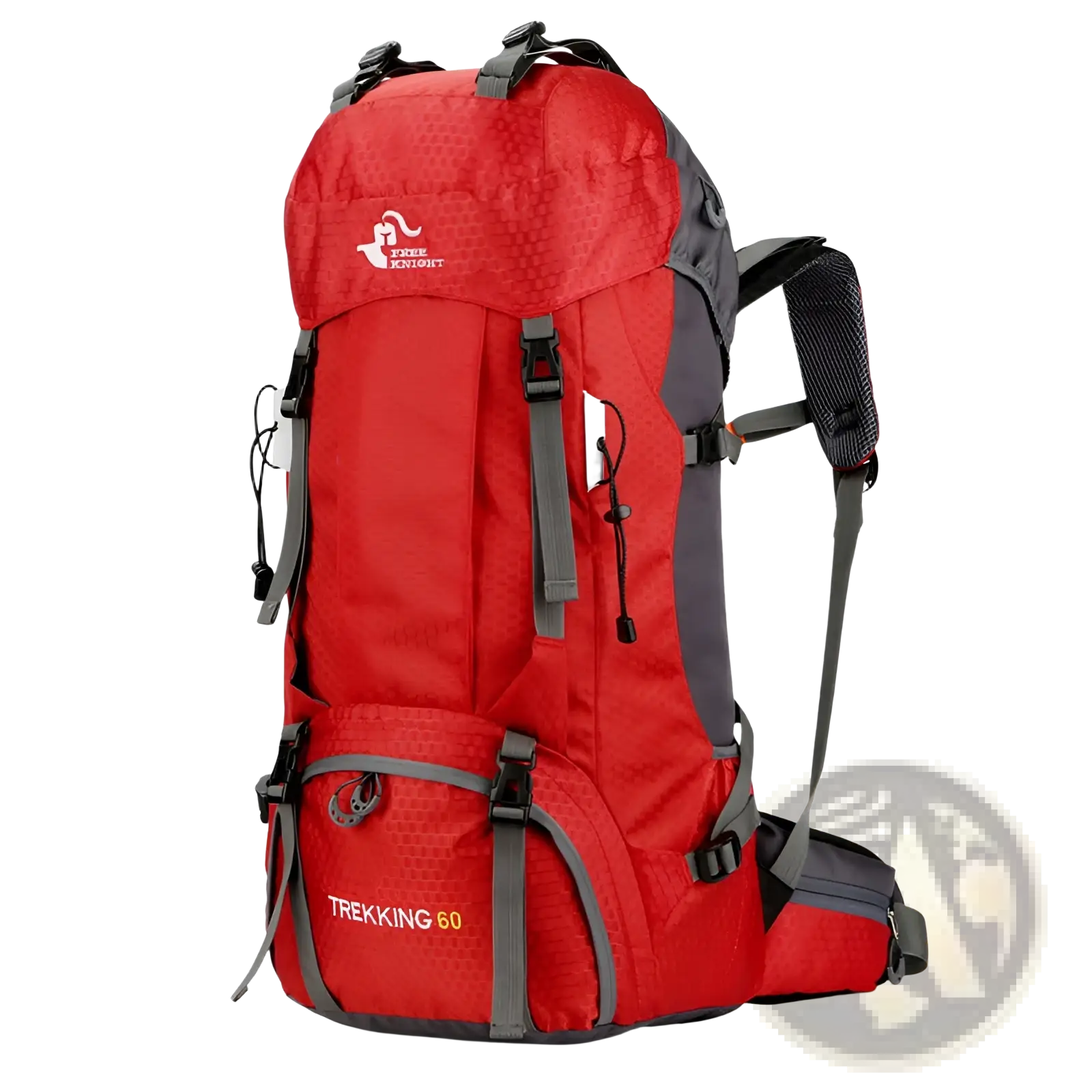 Red and gray free knight 60l hiking backpack with textured fabric finish for durable trekking and mountaineering use