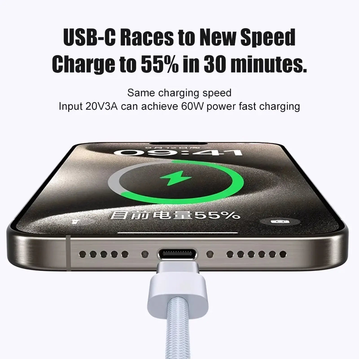 A sleek silver 60w usb c braided iphone fast charging cable with white exterior connected to a smartphone with 55 battery