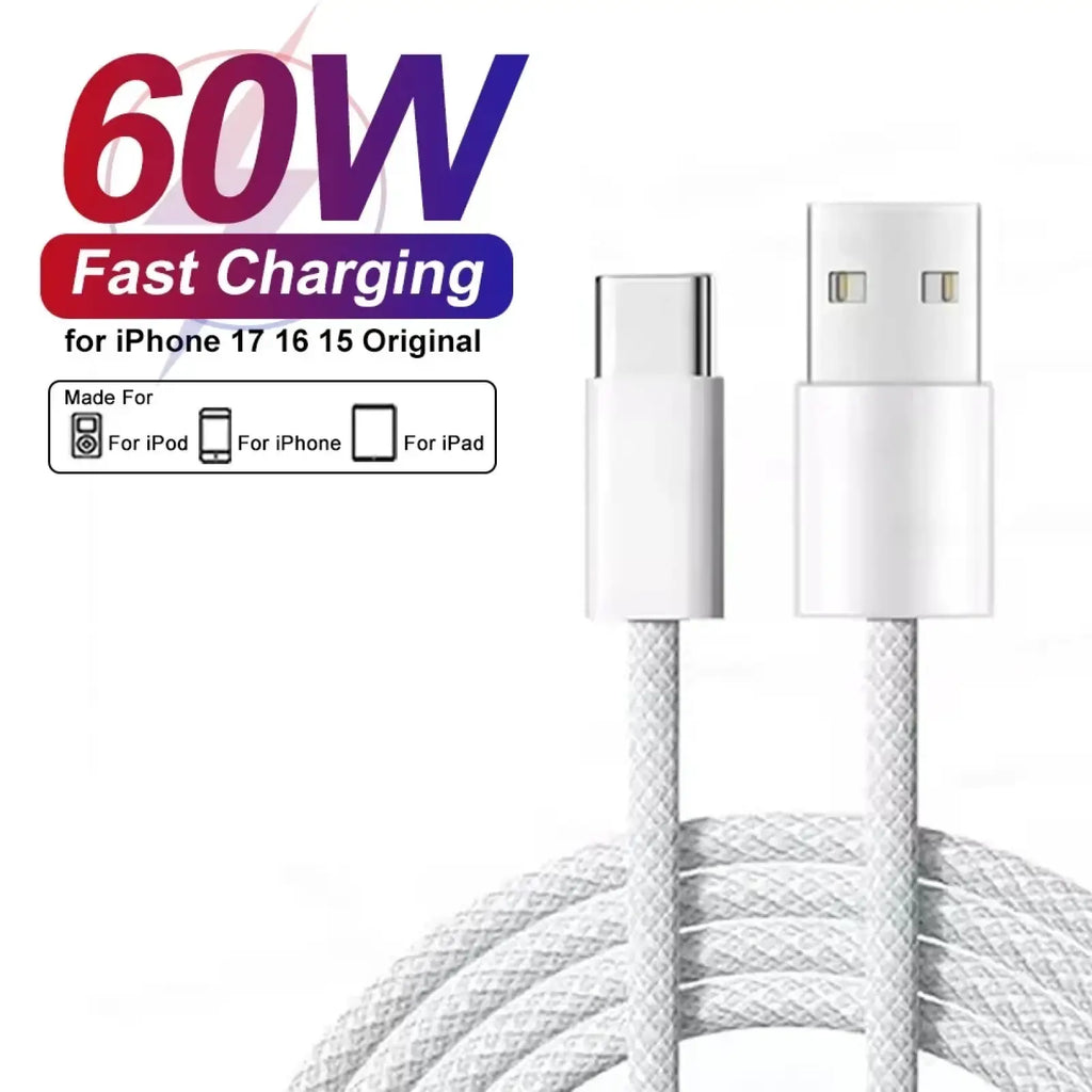 White braided usb-c to usb-a charging cable designed for fast 60w charging compatible with iphone 17 16 and 15 models