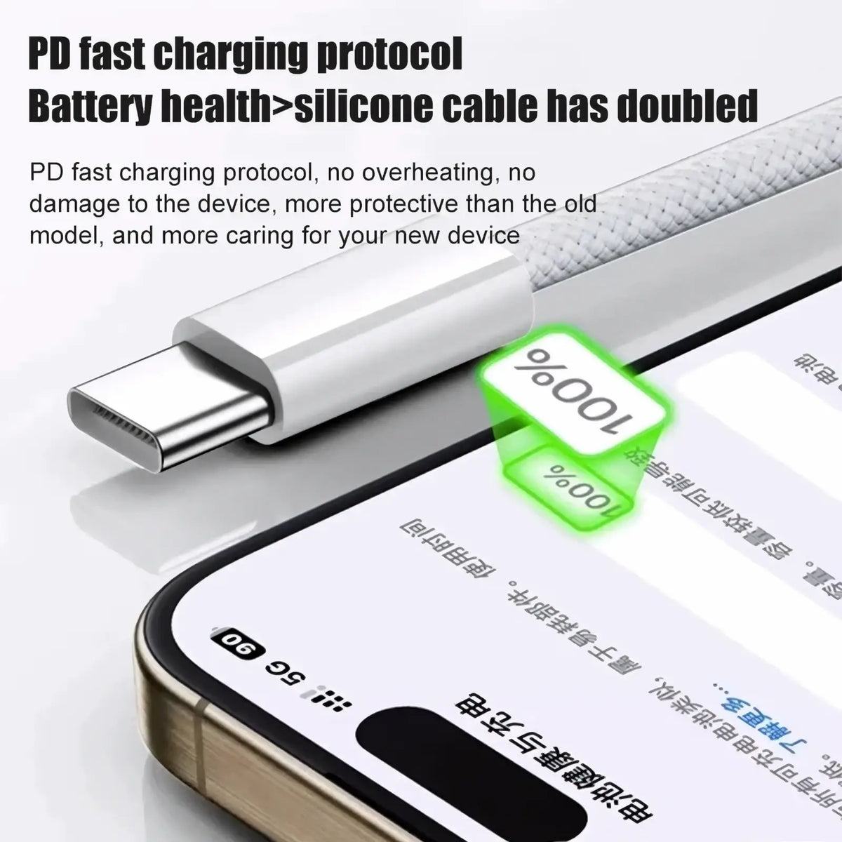 White silicone 60w usb c braided iphone fast charging cable with metallic connector for durable power delivery