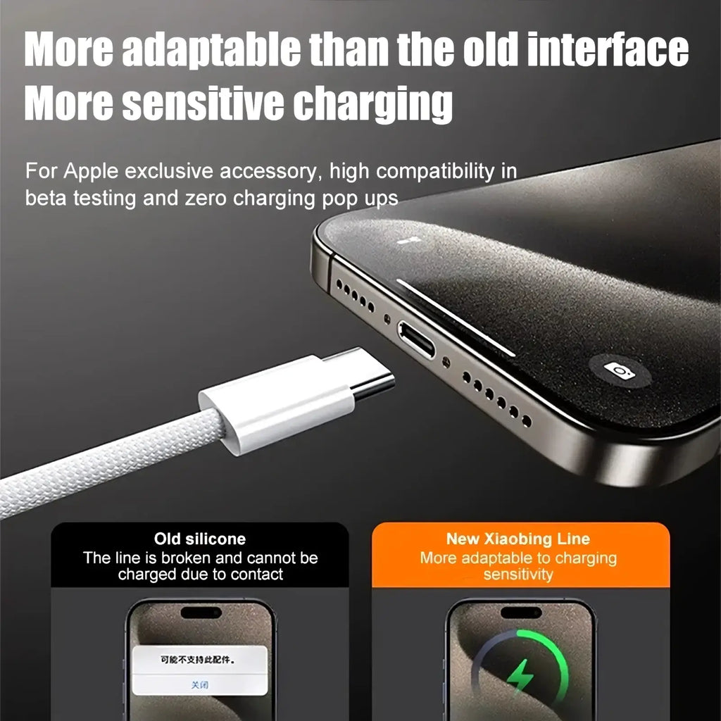 White textured braided usb-c charging cable with metallic connector for apple devices 60w fast charging cable