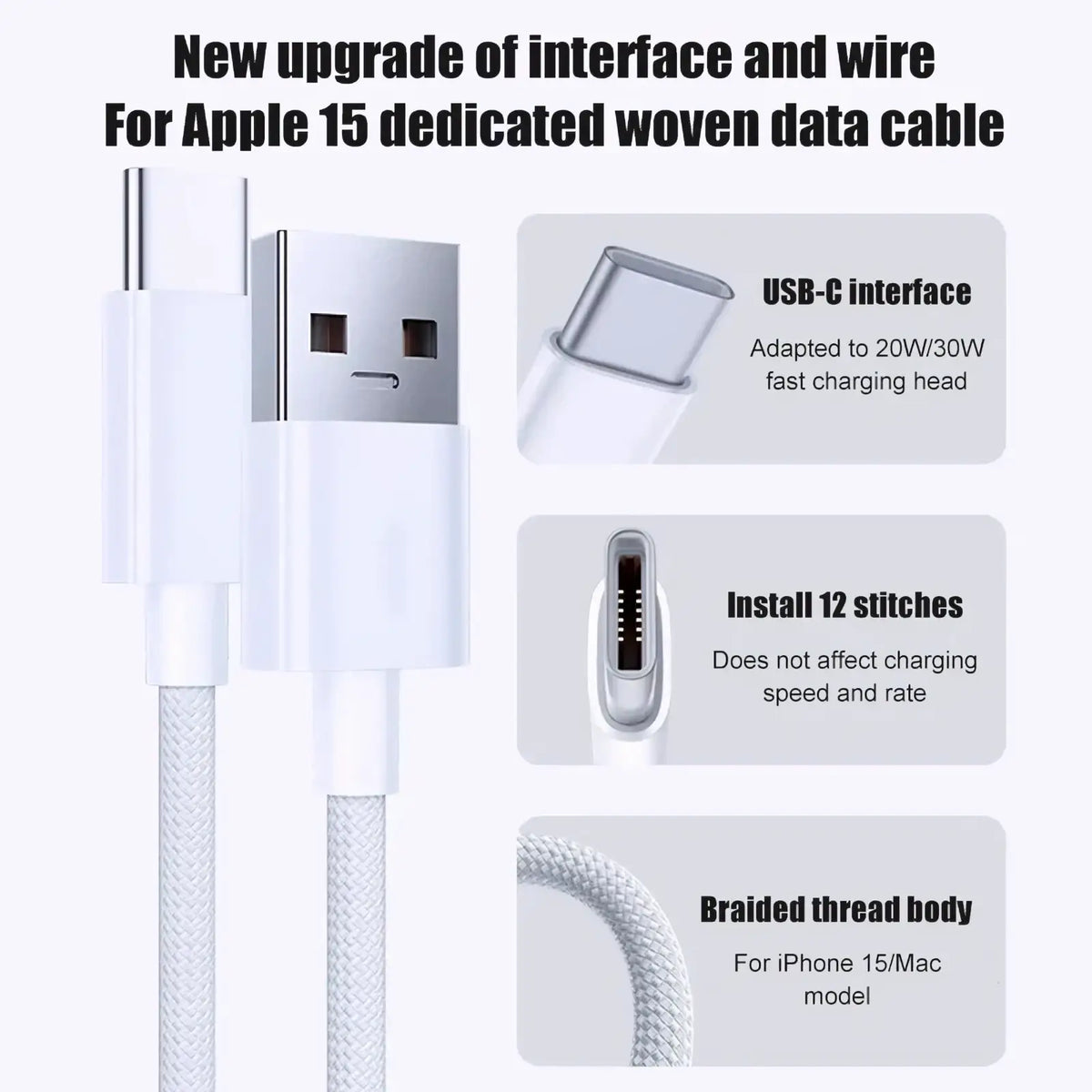 White woven 60w usb c braided iphone fast charging cable with usb-c interface for apple 15 devices