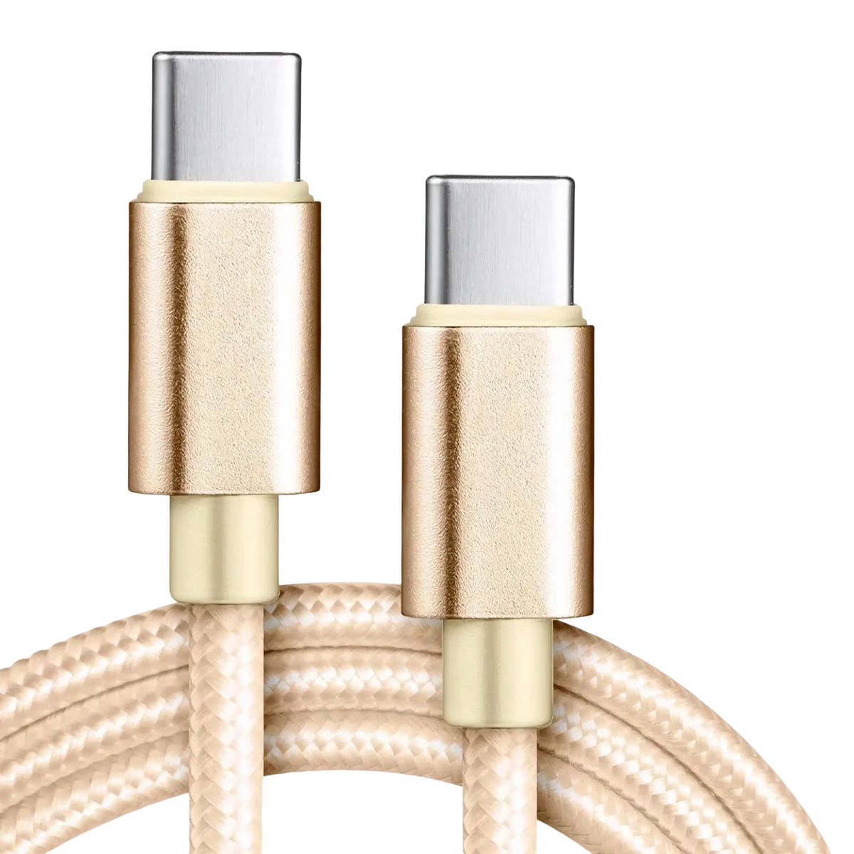 Gold-colored 60w usb c fast charging cable with braided beige fabric exterior and metallic connectors