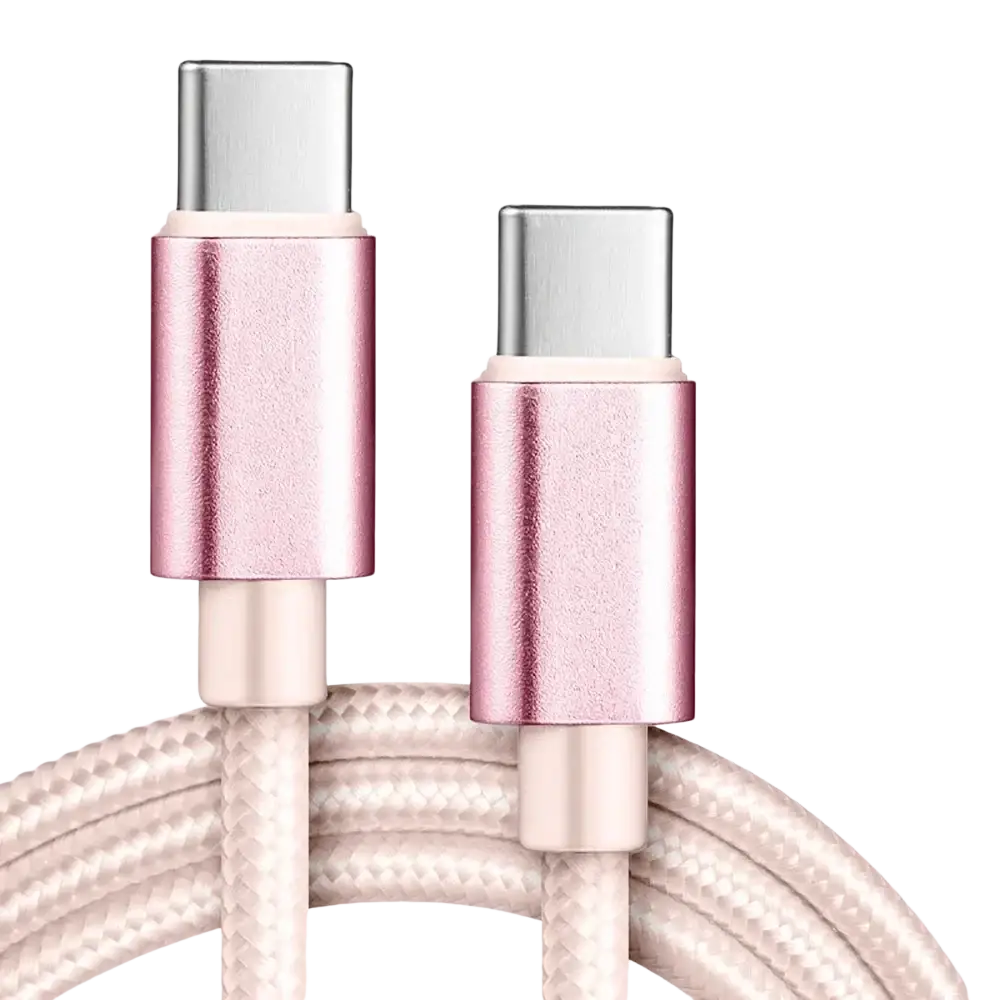 Rose gold usb c fast charging cable with braided white cord and metallic connectors for 60w data transfer