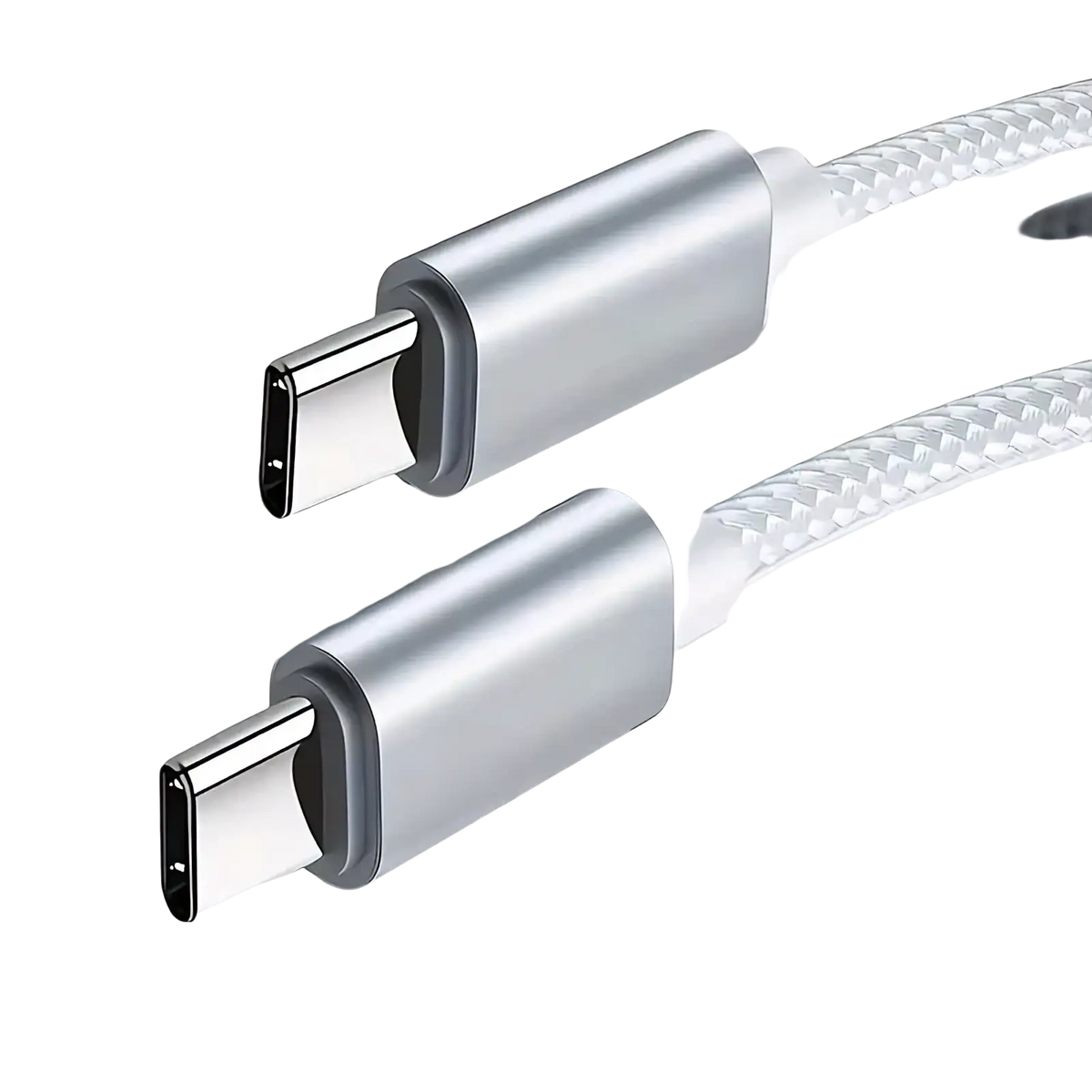 Silver usb-c fast charging cable with braided white and gray fabric exterior designed for 60w data transfer and charging