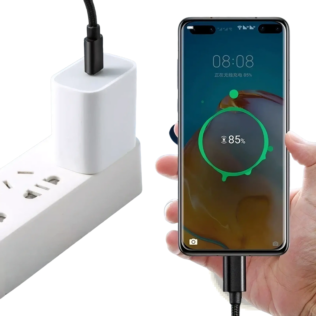 White rectangular 60w usb c fast charging cable braided data cord with black cable plugged into power strip charging phone at 85%