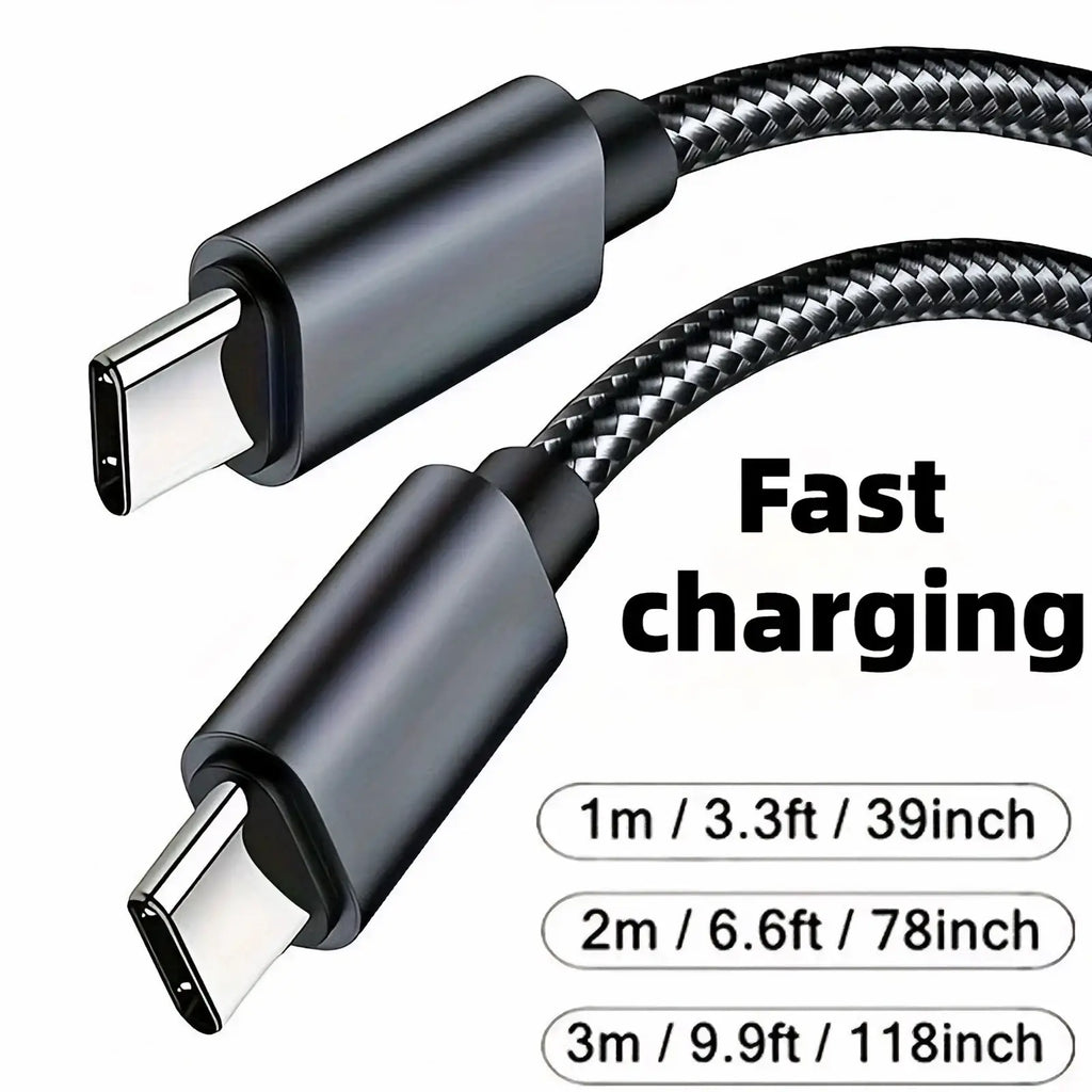 Black braided 60w usb-c fast charging cable with metallic connectors for type-c to type-c devices