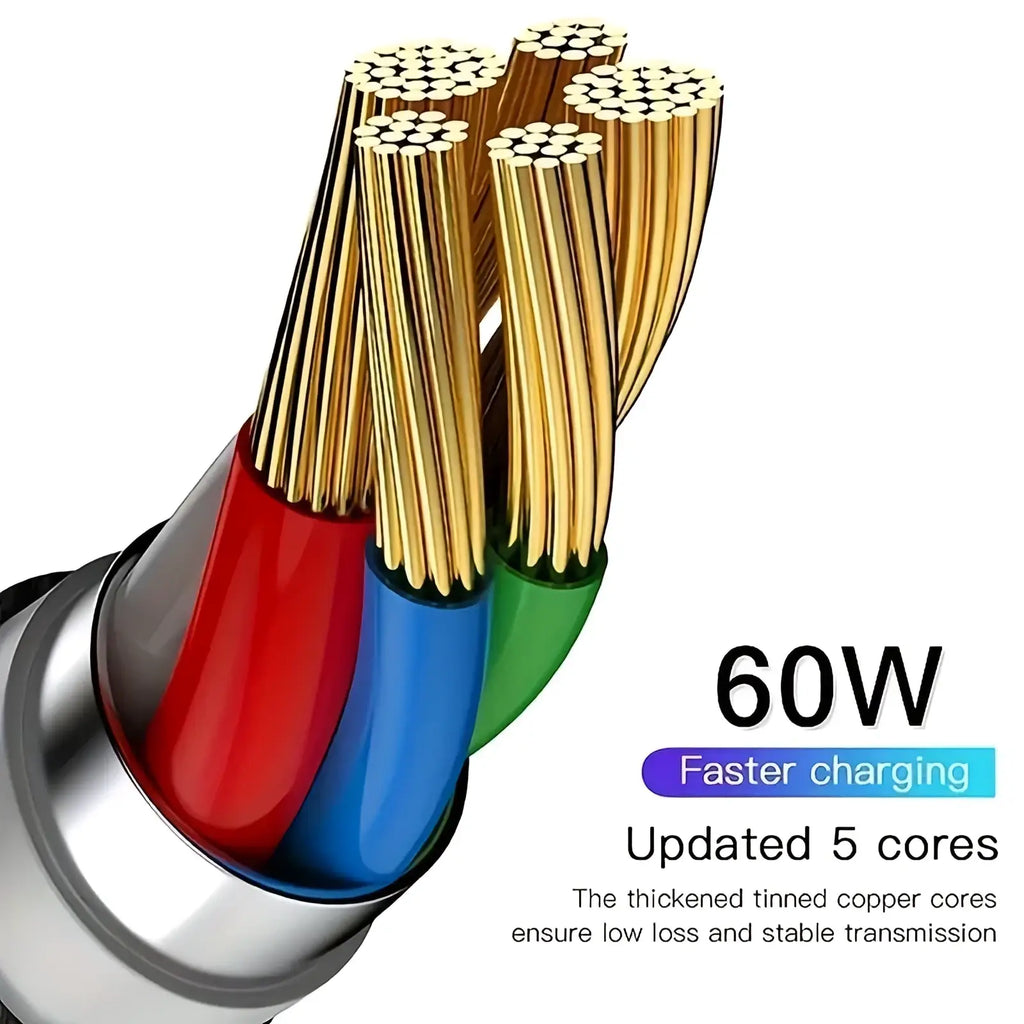 60w usb-c fast charging cable type-c to type-c with five thickened tinned copper cores in red blue and green
