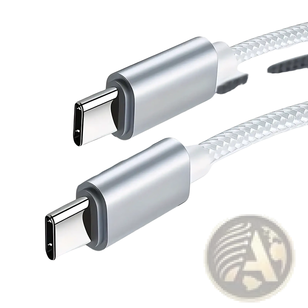 Silver 60w usb-c fast charging cable type-c to type-c with braided white and silver exterior for durable use