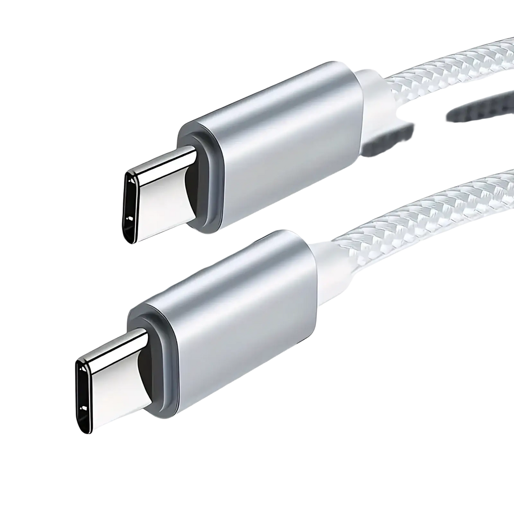 Silver 60w usb-c fast charging cable type-c to type-c with braided white and silver exterior for durable use