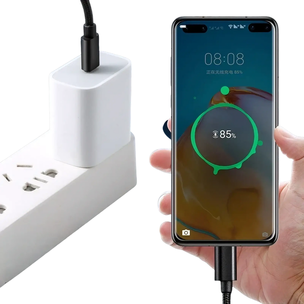White rectangular wireless charger with black 60w usb-c fast charging type-c to type-c cable charging smartphone at 85%