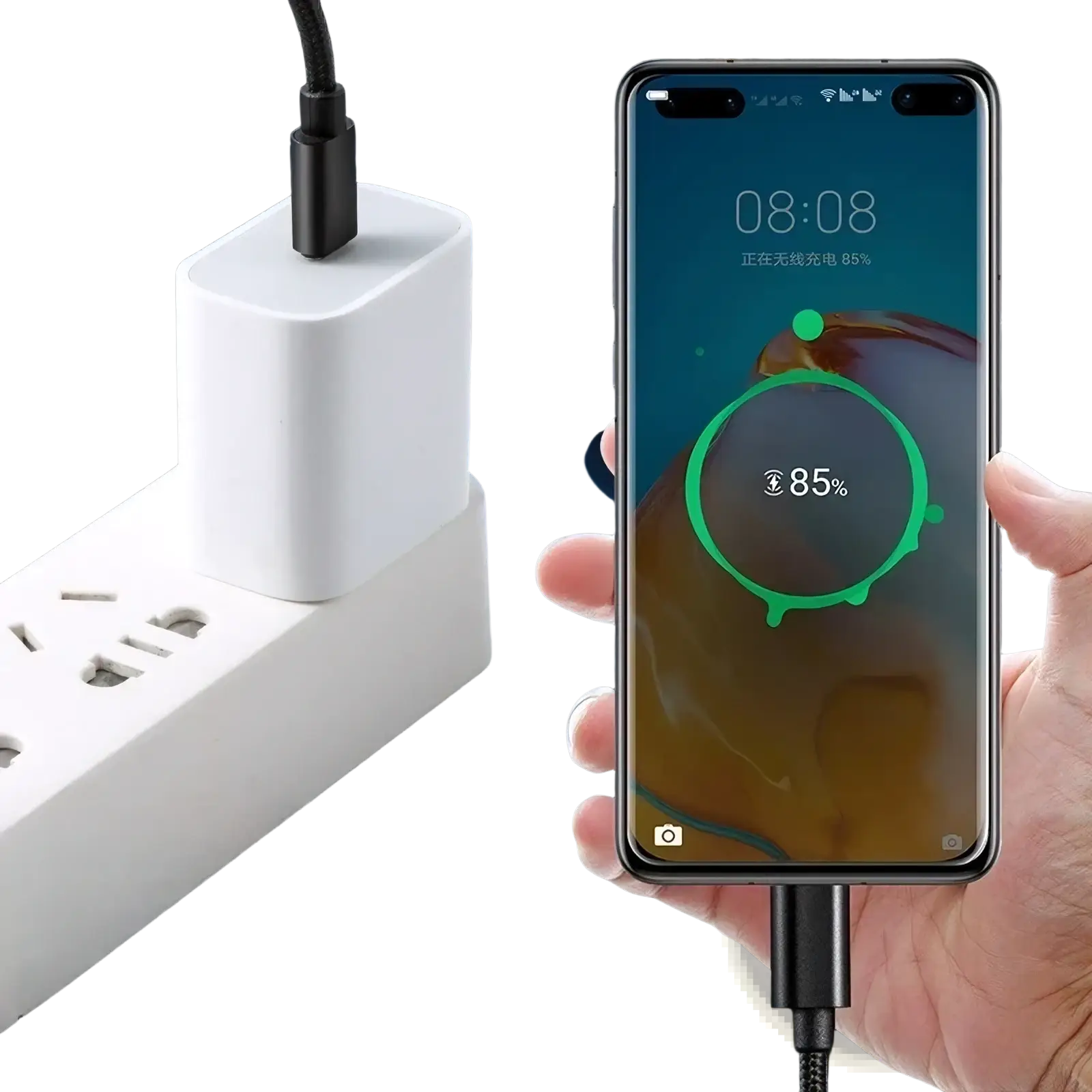 White rectangular wireless charger with black 60w usb-c fast charging type-c to type-c cable charging smartphone at 85%