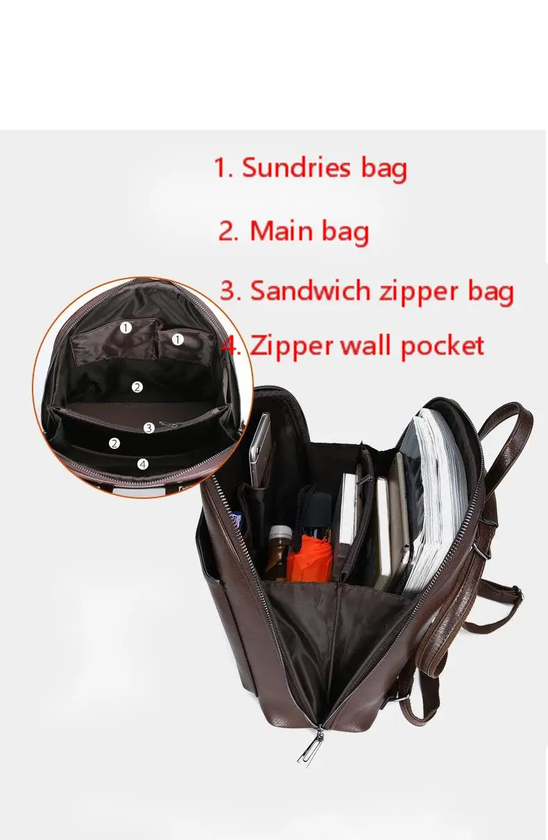 brown pu leather anti-theft backpack with magazine print featuring multiple compartments and zippers