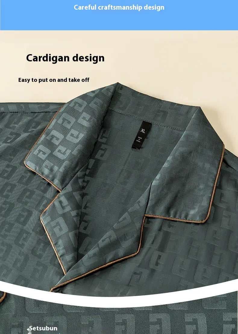 Men’s ice silk pajama set dark green satin top with subtle geometric pattern and contrasting brown trim along the collar for lightweight summer sleepwear.