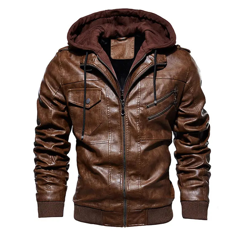 Men’s brown pu leather hooded jacket with matching fleece-lined interior and ribbed cuffs.