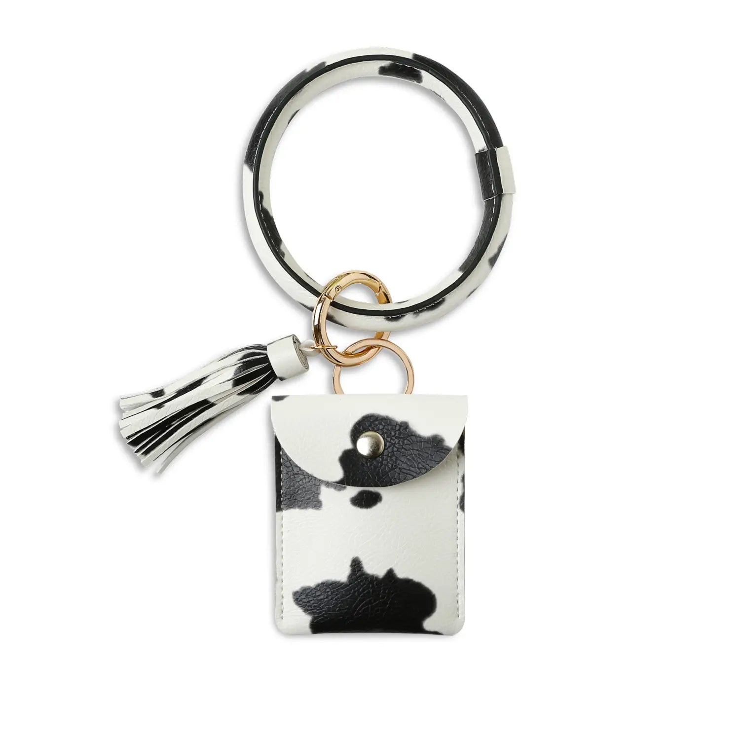 Porte-cartes avec mousqueton de poignet en cuir noir et blanc à motif de vache, comprenant un gland assorti et une petite pochette.