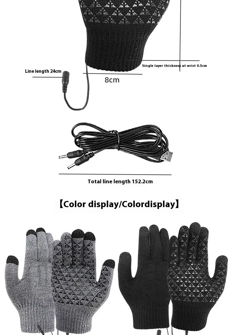 Black and gray knitted usb heated typing gloves with touchscreen compatibility and textured grip patterns on the palms designed for thermal winter use.