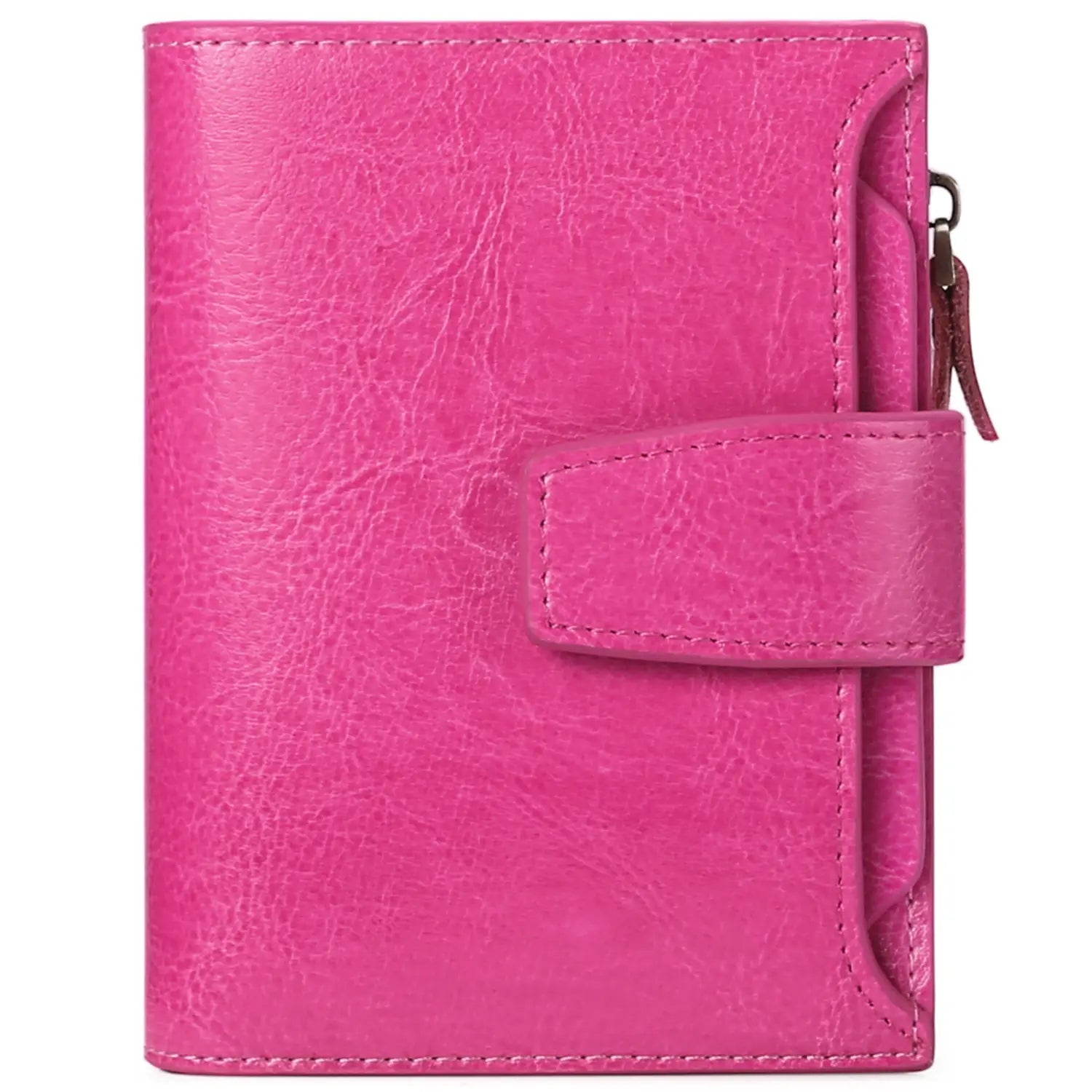 A vibrant fuchsia pink RFID leather wallet with flap closure and side zipper featuring anti theft protection.