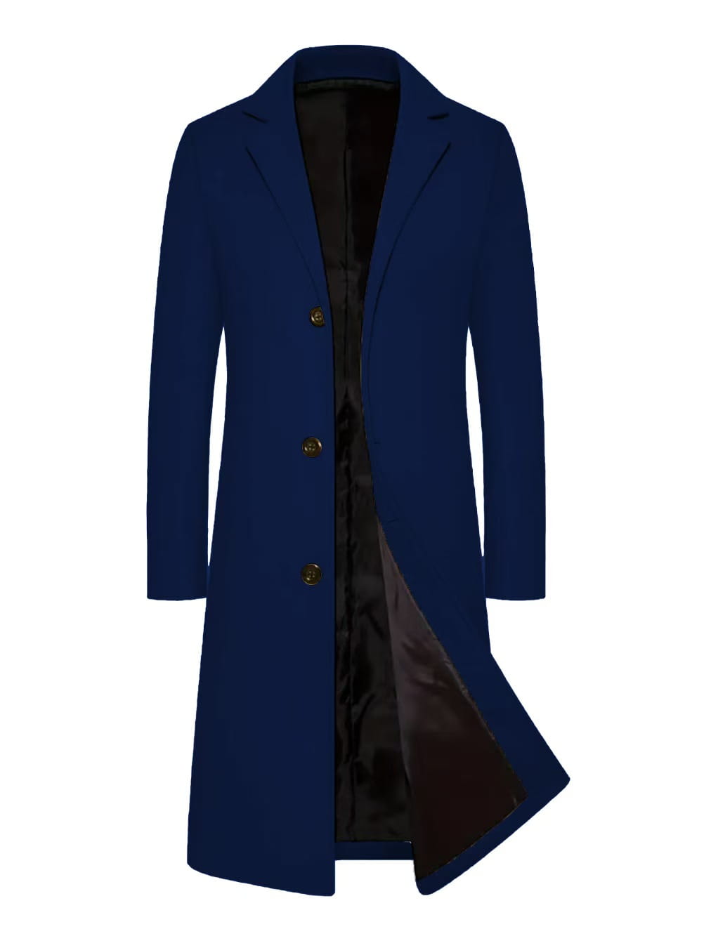 Navy blue woolen trench coat above the knee with gold toned buttons and a black satin lined interior.