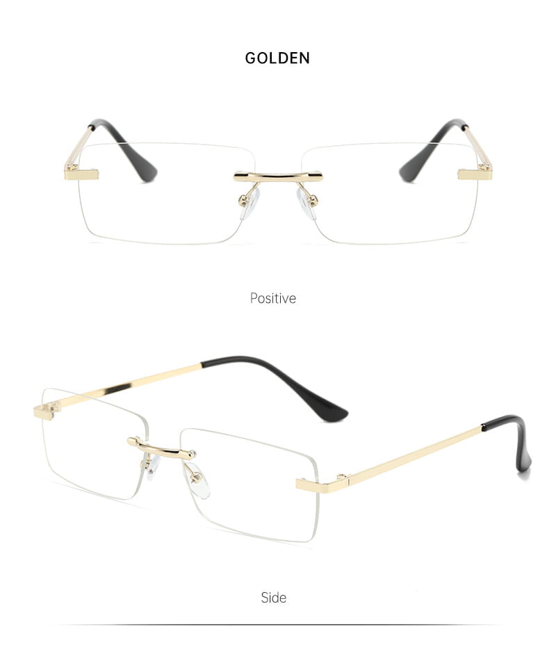 Retro-Sonnenbrillen ohne Rand im quadratischen Format mit goldfarbenem Zierband: goldfarbene Brillen ohne Rand mit schwarzen Bügelspitzen, als 6er-Set.