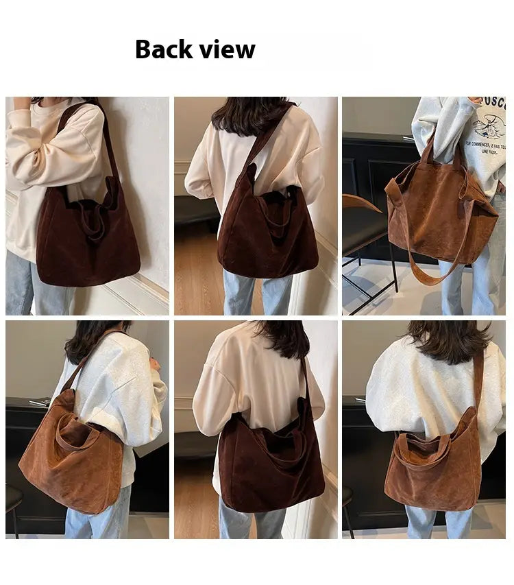 Brown suede tote bag featuring a large brown corduroy shoulder bag with soft textured fabric and matching handles.