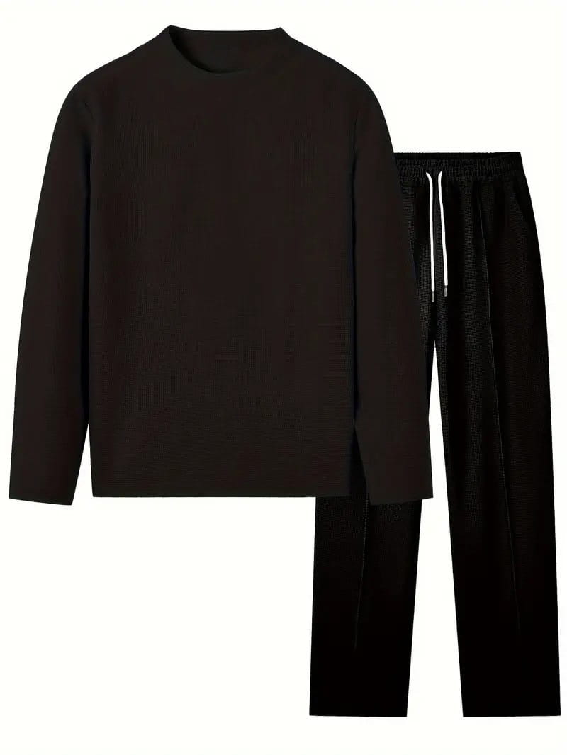 mens minimalist solid color sweatshirt jogger set featuring a black long-sleeved crew neck top and matching black drawstring pants in a comfortable fabric.