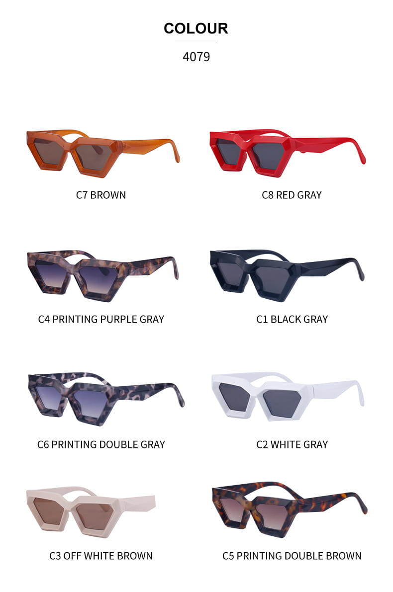 modern irregular cat eye uv400 geometric sunglasses in assorted colors and patterns including solid brown red gray black gray white gray off white brown and tortoiseshell prints.